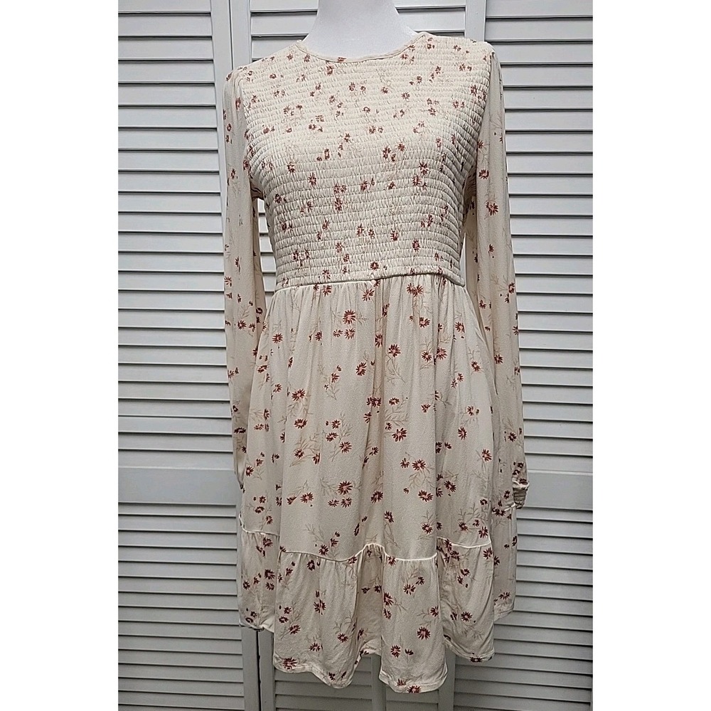 American Eagle Cream & Rust Floral Dress Smocked Long Sleeve Boho Casual Sz S/P